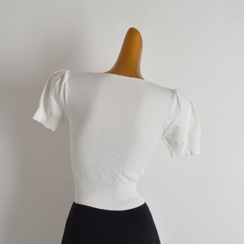 French Style New Arrival Pure Color Pullover V-neck Ruched Puff Sleeves Knitwear Women's Clothing Summer Silm Slimming Short Top