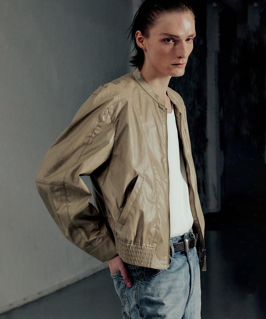 Lmood Glazed Cotton Biker Jacket Beige