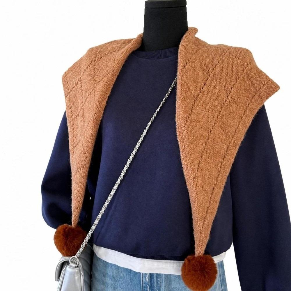 Soft Knitted Triangle Shawl with Pom Poms Yarn Shoulder Wrap Winter Neck Scarf  Daily Casual Wear