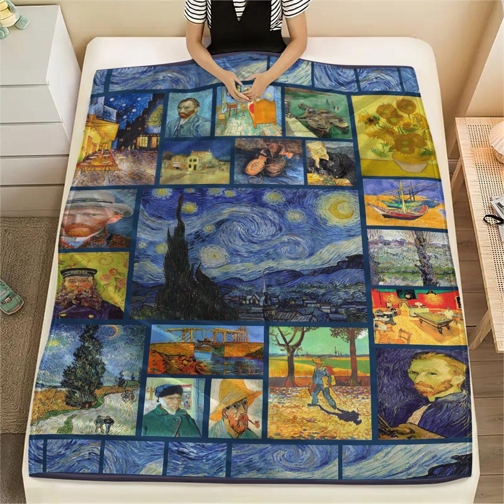 1Pc Van Gogh Painting Print Flannel Blanket, High Quality Comfortable for All Seasons, Home Decor, Warmth and Comfort, Perfect for Christmas Gifts