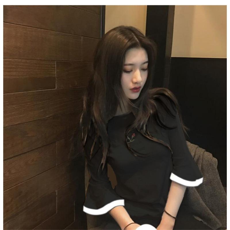Summer Korean New Style Flared Sleeve Embroidered Short-sleeved T-shirt Female Student Top Women's Clothing