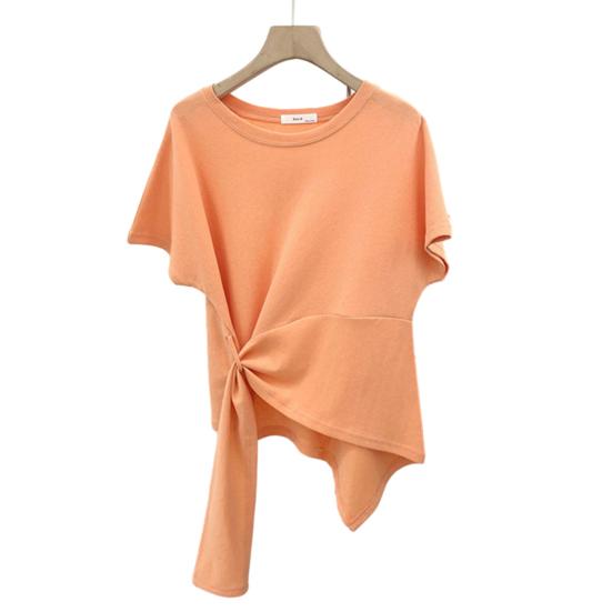T-shirt à manches courtes et col rond pour femme, ourlet irrégulier, élastique, fin, couleur unie, pull ample, streetwear, été