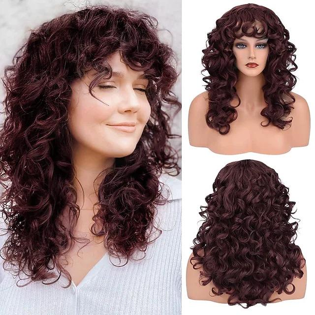 Long Curly Wig With Bangs Blonde Brown Black Shag Hair Synthetic Replacement Wigs For Women Daily Use Cosplay Heat Resistant Wig