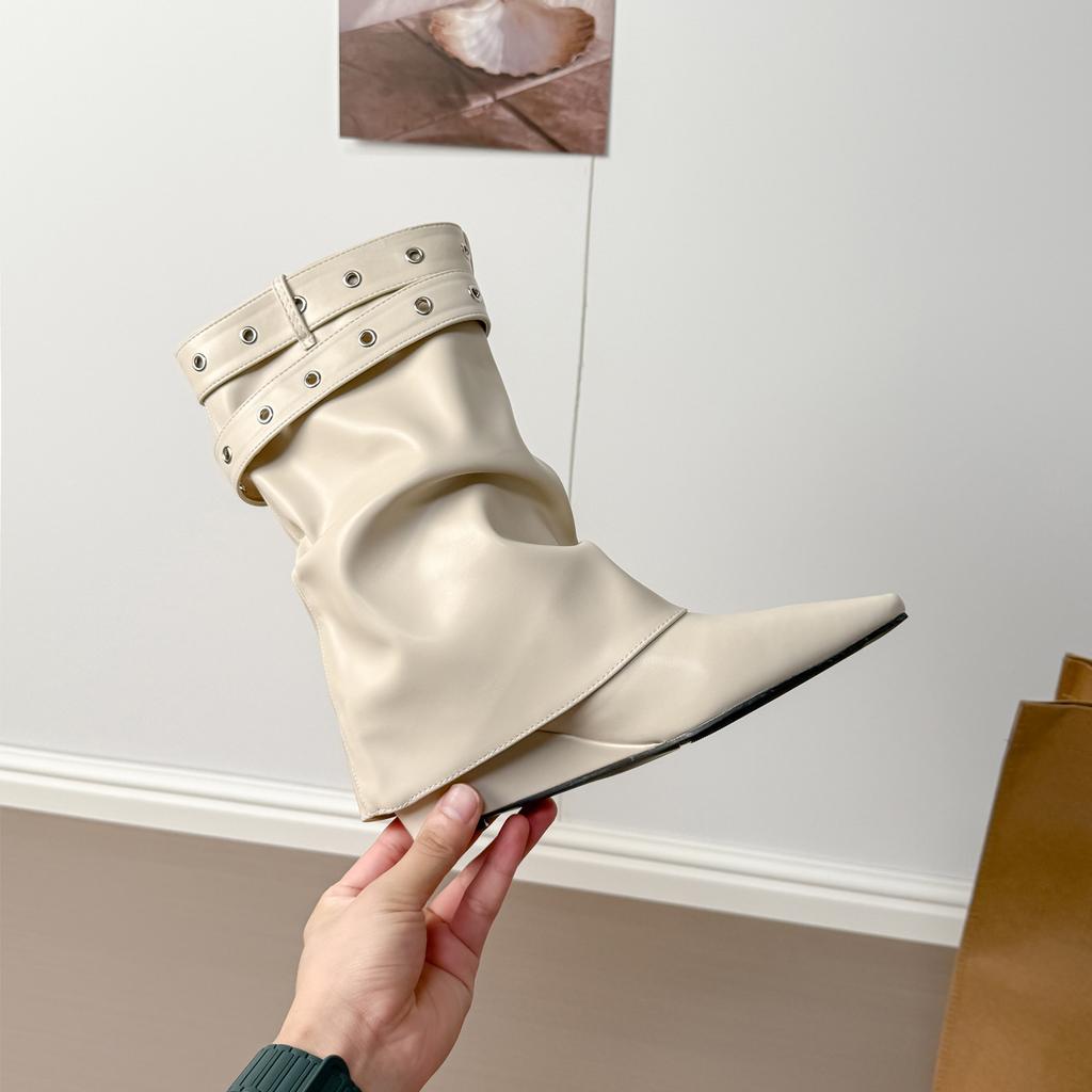 French temperament Spice Girl belt buckle trouser boots women's 2025 new pointed wedge short boots white medium tube knight boots