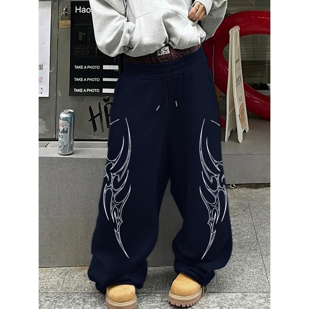 Men's Street Style Loose Straight Leg Casual Pants, Fashionable Sports Pants, Cool Totem Printed Drawstring Pants, Hip Hop Wide Leg Pants