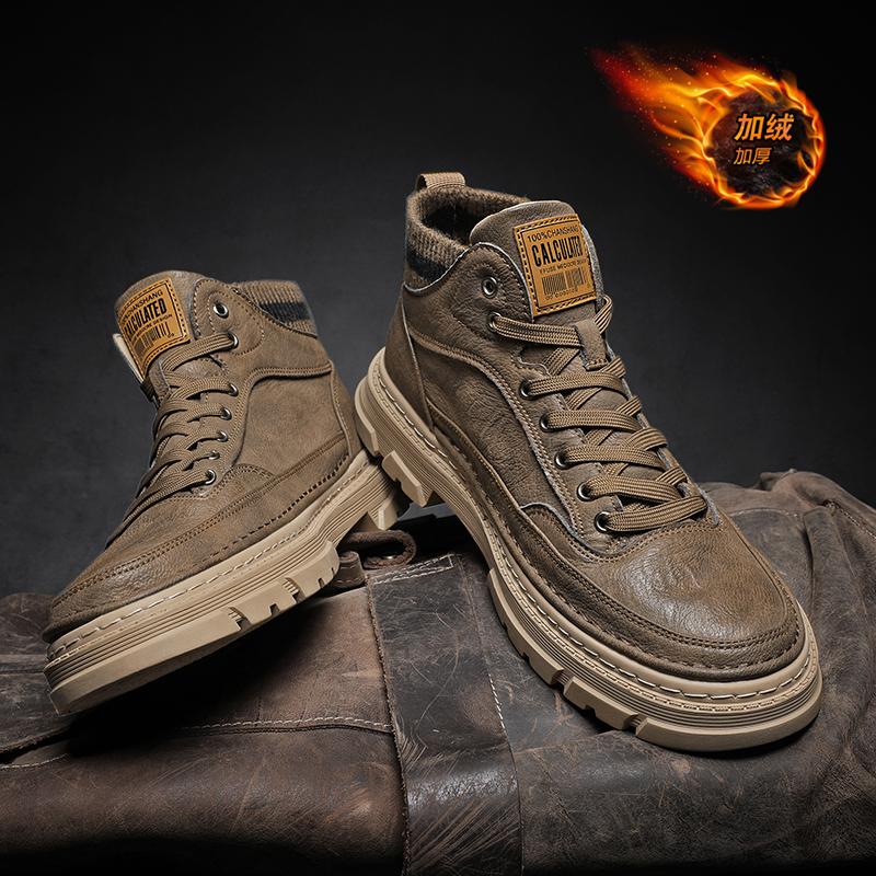 High-top autumn new leather shoes casual black Martin boots velvet cotton shoes trendy shoes