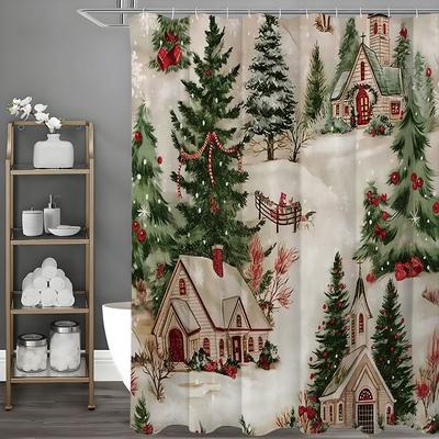 Merry Christmas House Christmas Tree Snow Shower Curtain, Bathroom Decorative Shower Curtain, Waterproof Shower Curtain with Hoo