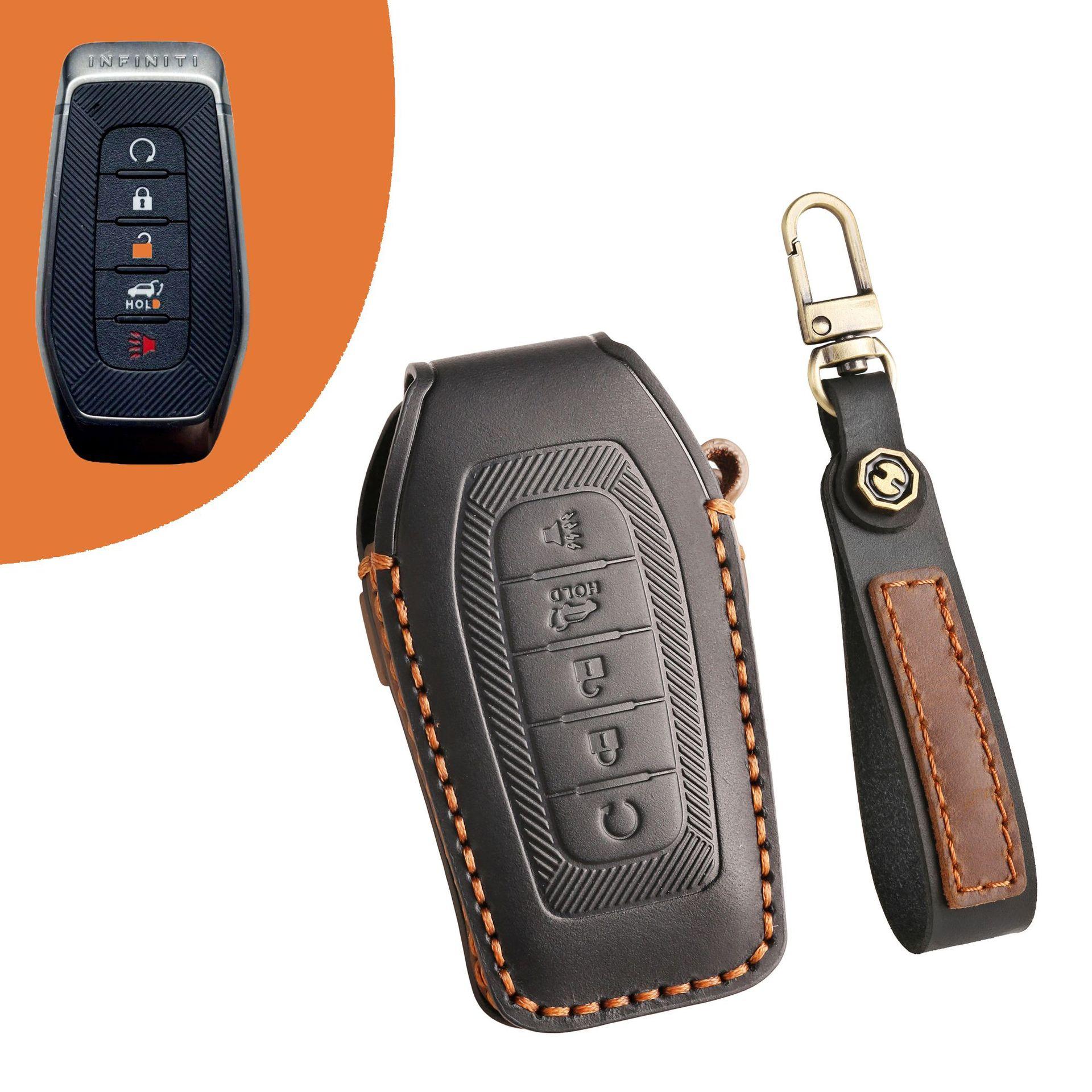 

Подходит для 2025 Infiniti QX80 Умный ключ с дистанционным управлением 5 кнопок Чехол для ключа из натуральной кожи Коровья кожа чёрный