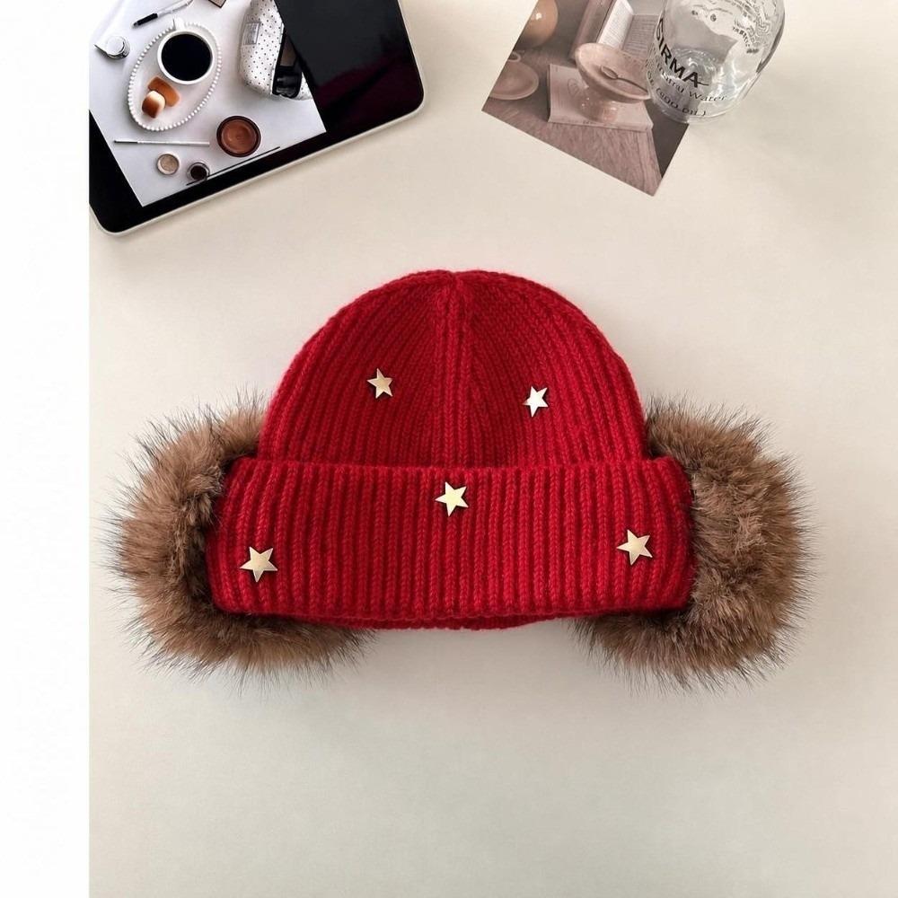 Ear Protection Star Knitted Beanie Hat Cuffed Design Thick Warm Beanie Outdoor Wear