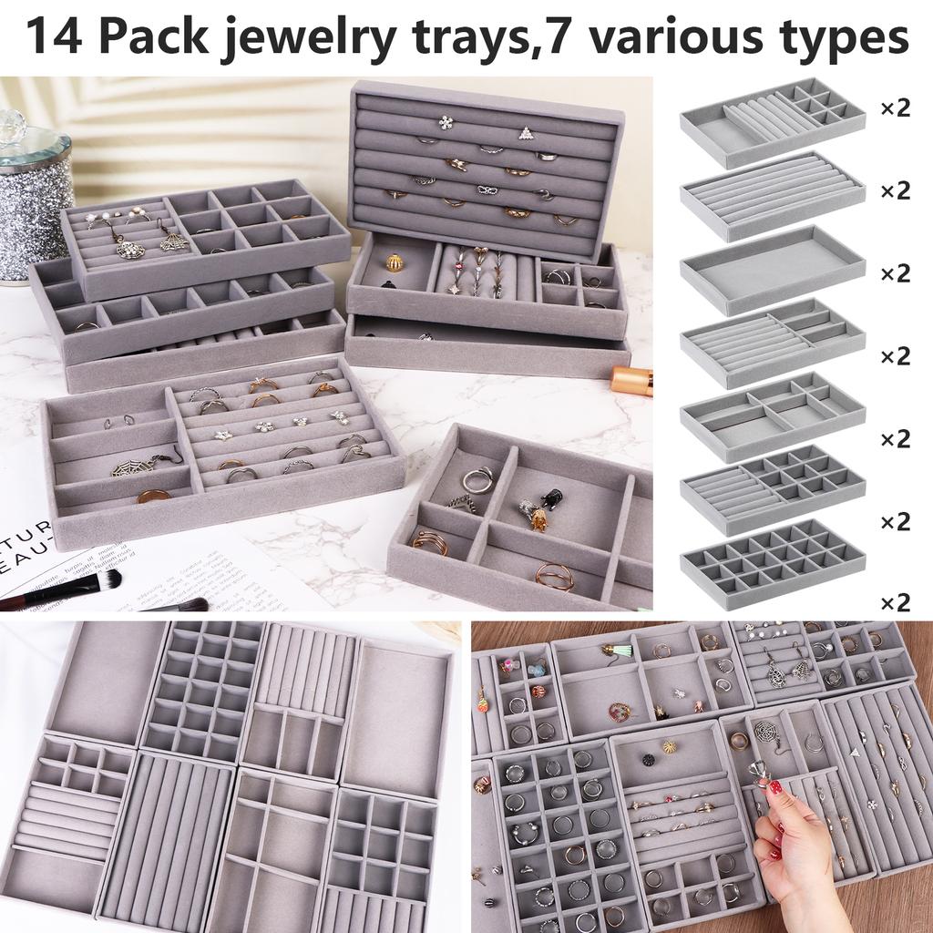 Ulele 14 Pack Jewelry Trays Organizer Velvet Stackable Jewellery Drawer Organiser Tray Insert Divided Storage Box Display Tray,R