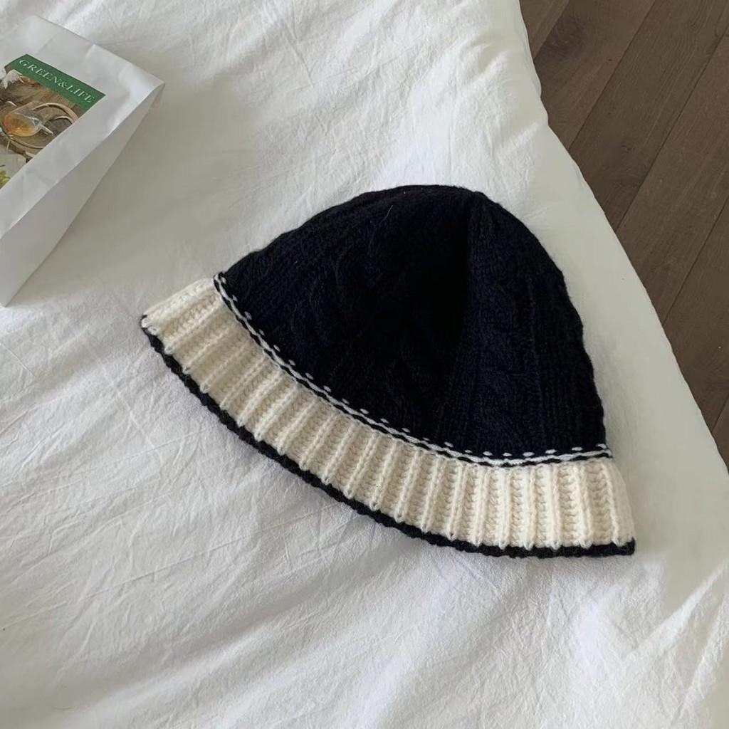 Black Knitted Fisherman Hat Women's Winter Korean Style Fashionable Wide Brim Cap