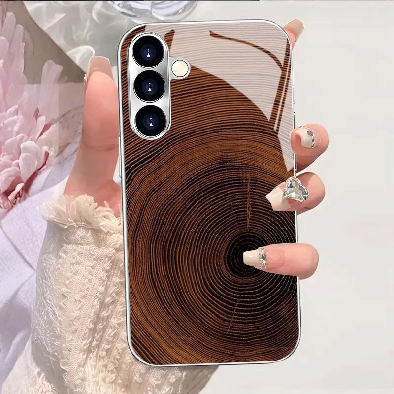 Gold-plated tempered glass phone case, compatible Galaxy S26 S25 S24 S23 S22 Ultra Plus. Features a wood grain texture design.