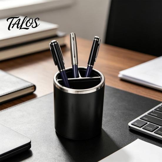 Pen Holder, Cylindrical Design Pencil Holder with Silver Edge Decoration, 3-Compartment Desktop Organizer for Pens Paper Clips Makeup Brushes