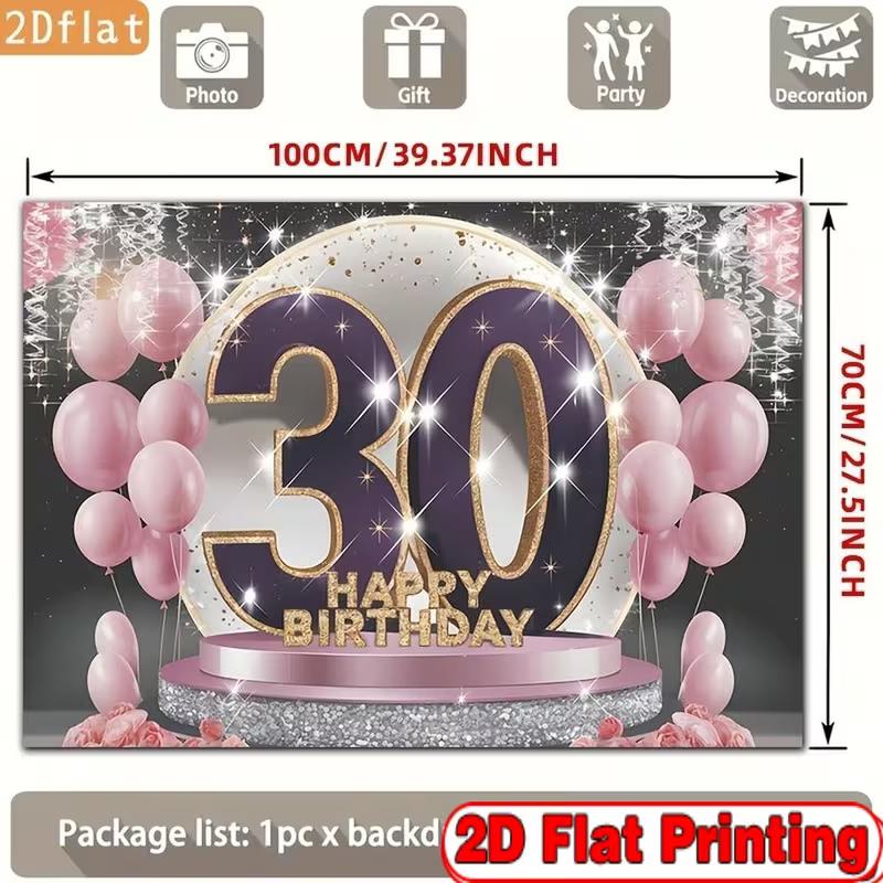 2D 30th Happy Birthday Photography Background, Purple Gold 30 Number Pink Balloon Party Decor Banner