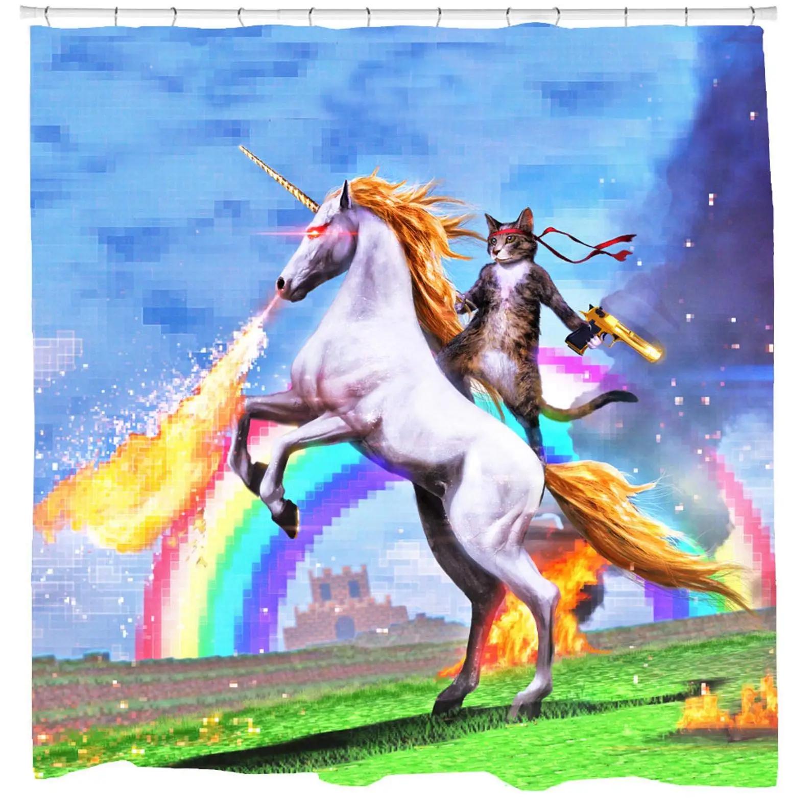 

Cool Cat Shower Curtain Set Man Cave Bathroom Decor Awesome Hero Unicorn Shooting Fire Blue Polyester Fabric 12 Hooks Included W60H190(CM)-1 Pcs