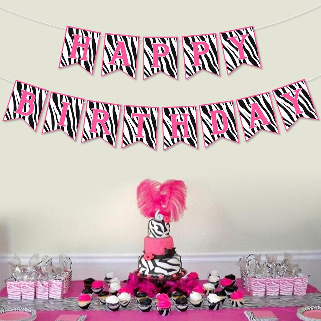 Zebra Birthday Decorations Pink Pre-Strung Zebra Happy Birthday Banner Wildlife Zebra Print Party Supplies for Safari Jungle Theme Bday Party