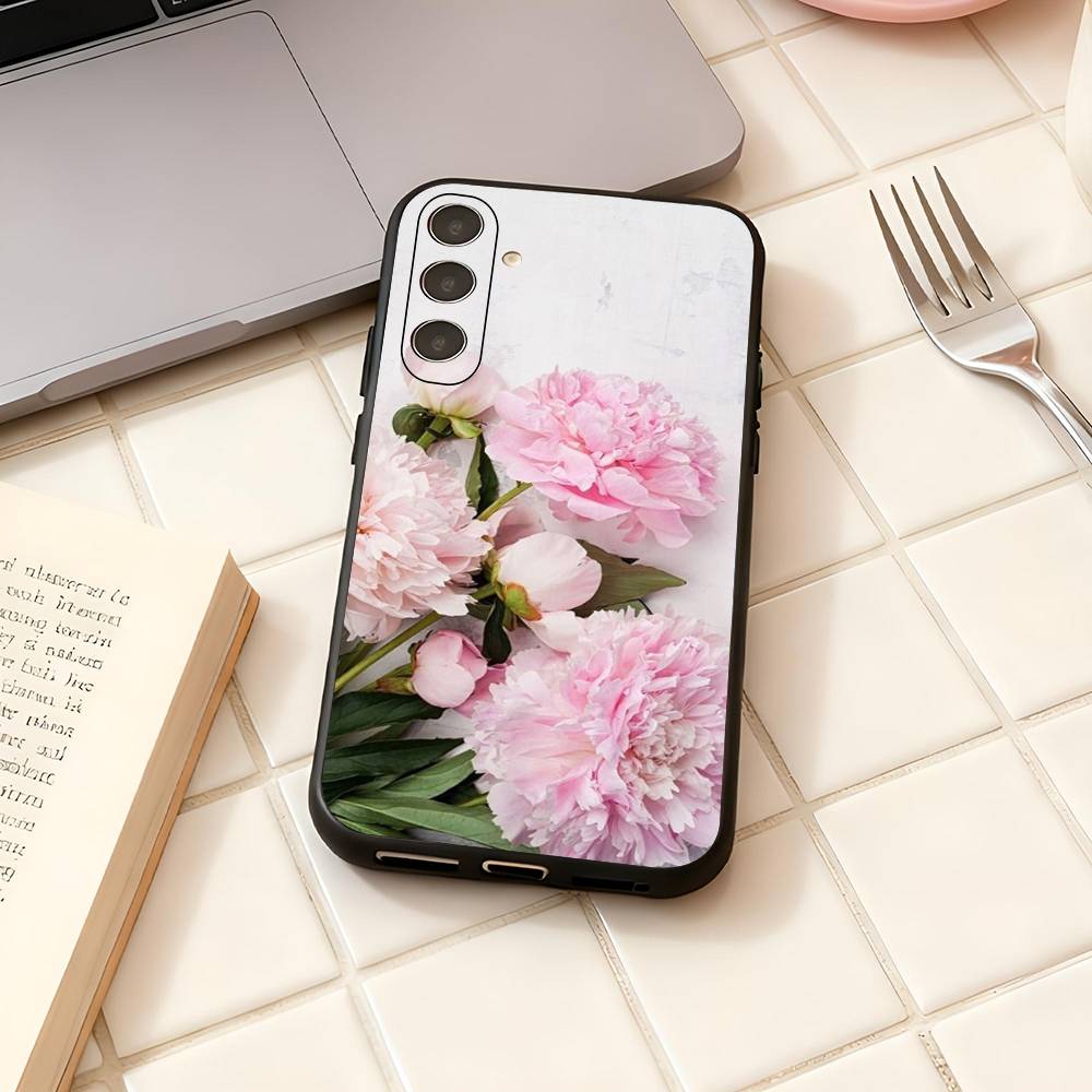 Elegant Pink Flower Peony For Samsung Galaxy S25 S24 S23 Ultra S22 S21 Plus S20 Black Soft Silicone Protective Case