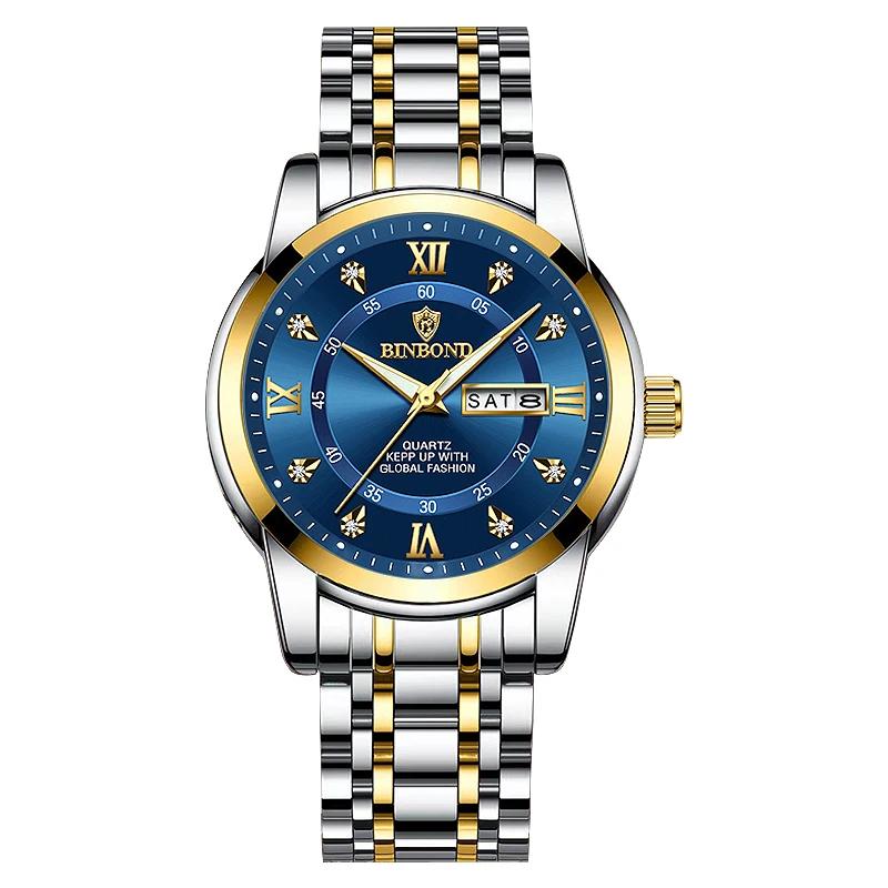 BINBOND Luxury Men Quartz Watch Waterproof Date Week Luminous Wristwatch Stainless Steel Men's Watches Male Clock Sports Reloj