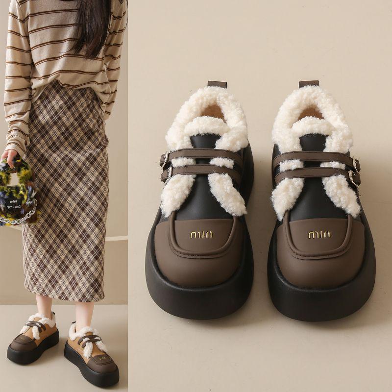 Dámské mokasíny na silné podrážce, kožené Mary Janes s velurovou podšívkou, podzimní/zimní teplé bavlněné boty, britský styl, off-white/černé.