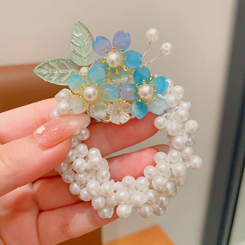 Vintage Floral Pearl Hair Ring for Girls - Elastic Bun Accessory