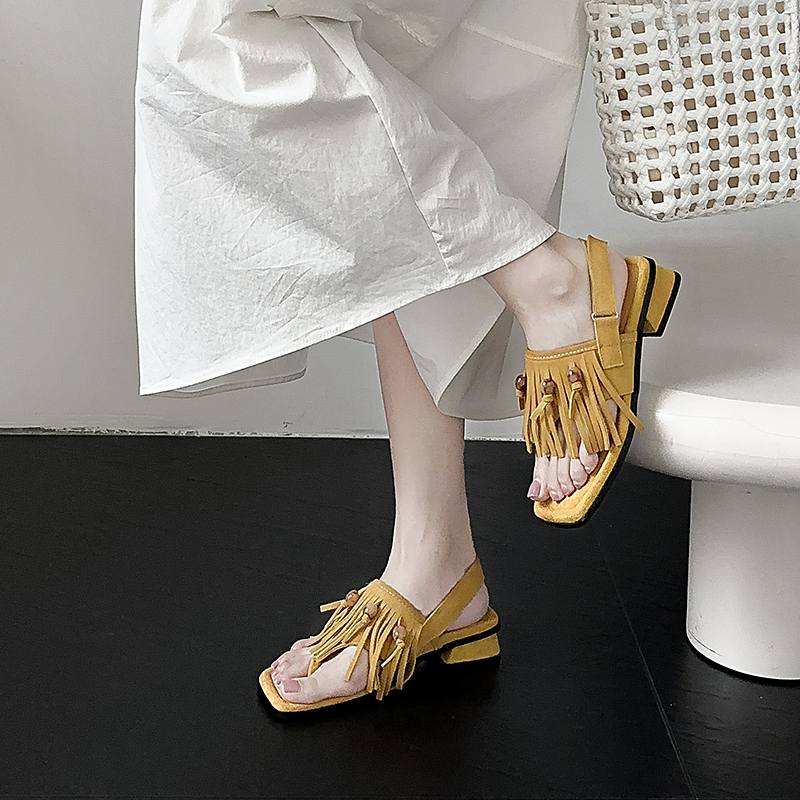 Krazing Pot Cow Suede Nubuck Summer Size 40 Hook Loop Tassel Fringe Low Heels Women Peep Toe Sandals