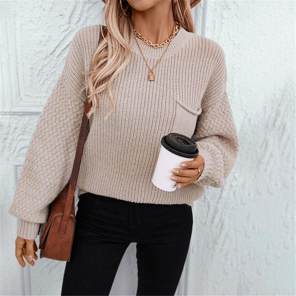 Solid Color Pocket Pullover Women's Sweater Autumn And Winter New Casual Round Neck Long Sleeve Knitted Sweater