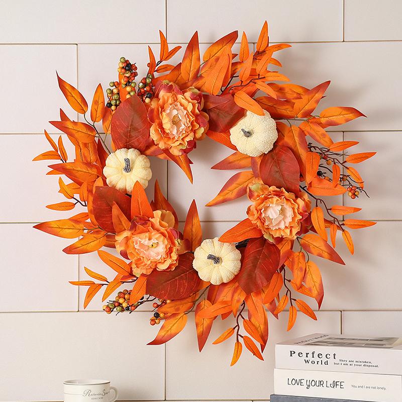 Handmade Maple Leaves Pumpkins Wreath Diy Decoration For Thanksgiving Halloween Front Door Wall Hanging Autumn Harvest Wreath