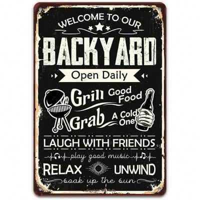 Vintage Retro Tin Sign Welcome To Our Backyard Grill Pub Metal Wall Art Decor