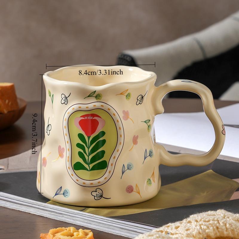 380Ml Dreamy Flower Cluster Hand-painted Ceramic Cup Irregular Relief Breakfast Coffee Cup High-value Souvenir Gift Mug