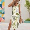 Women Plus Size Sleeveless U Neck Tropical Leaf Printed Dress High Side Slit Curved Hem