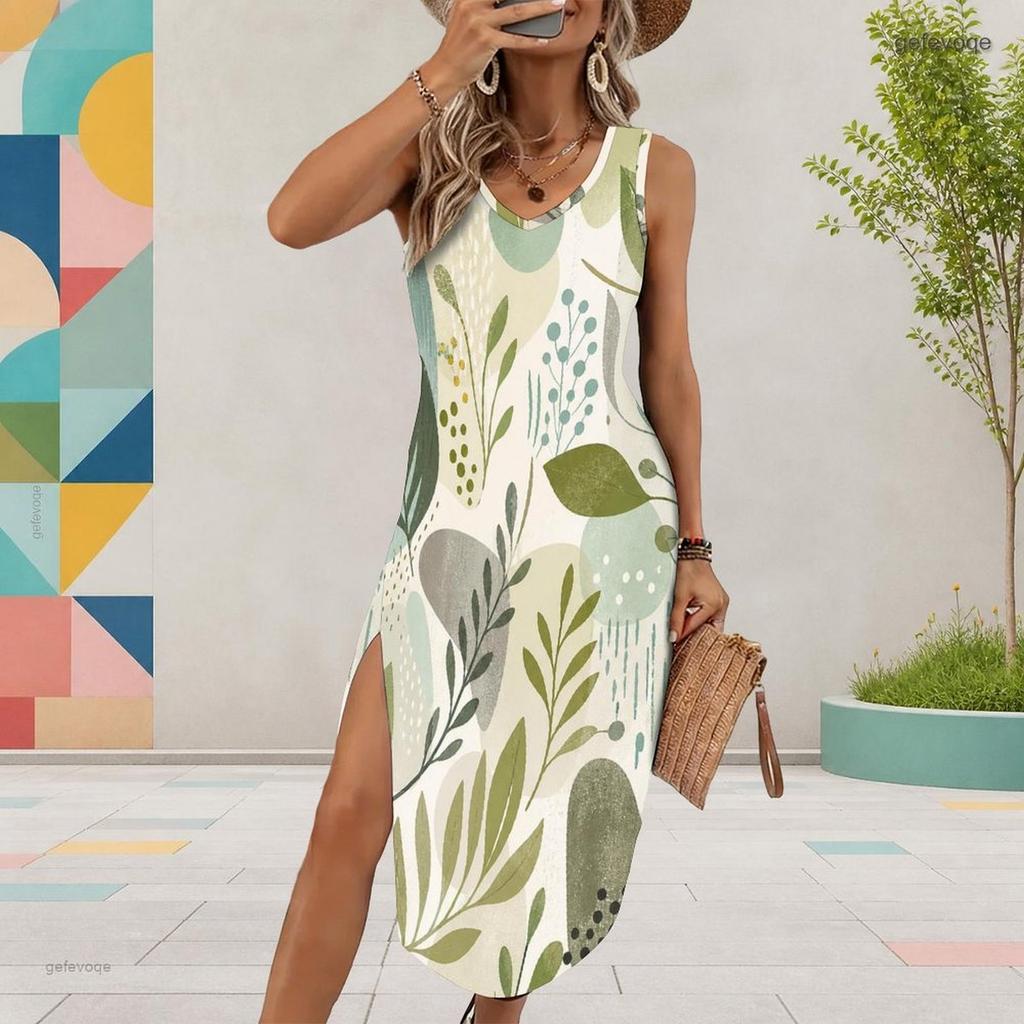 Women Plus Size Sleeveless U Neck Tropical Leaf Printed Dress High Side Slit Curved Hem