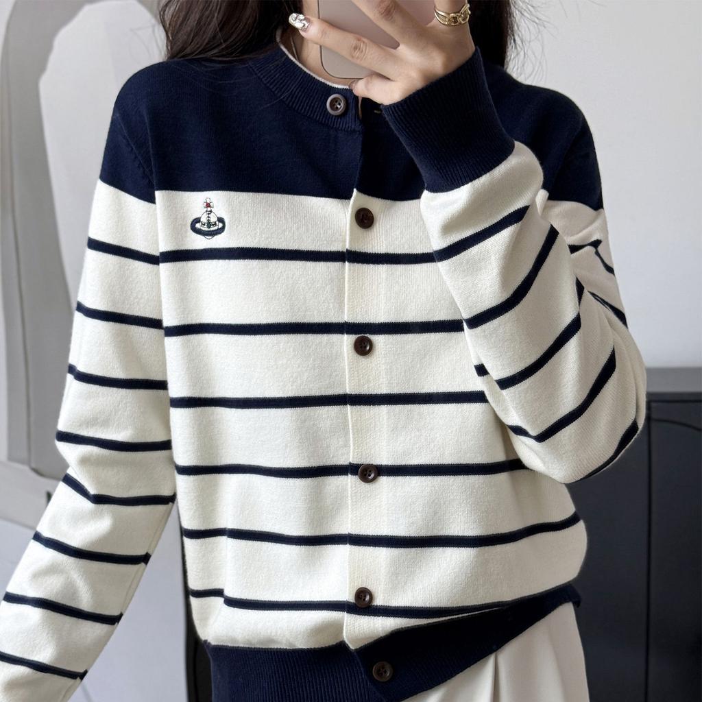 Retro Color-blocked Striped Round-neck Knitted Cardigan Women's Short Coat Sweater Spring and Autumn New Design Niche Top