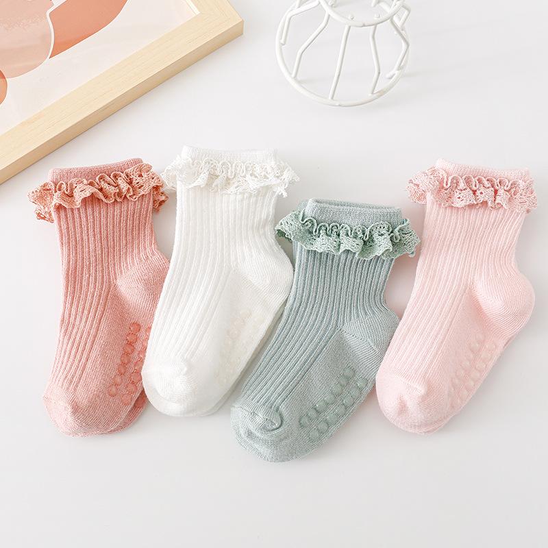 Baby Süße Spitze Mädchen Socken Anti-Rutsch Klebepunkt Einfarbig Baumwolle Säuglingsmädchen Socken Atmungsaktiv Kinder Mädchen Bodensocken