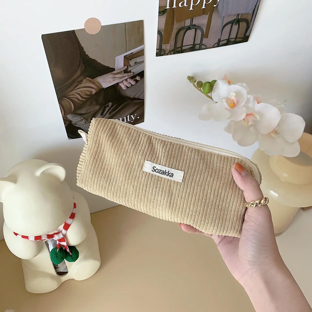 Protective Storage Bag Corduroy Pencil Case INS Style Large Capacity Bag Zipper Office School Supplies,has Random Logo Print