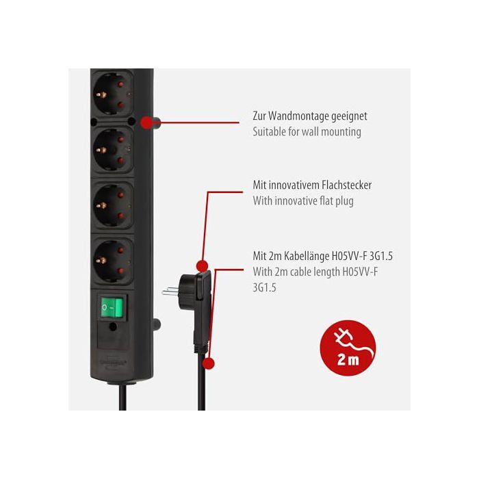 Multiprise - BRENNENSTUHL - Comfort-Line Plus - 4 prises - Noir - 16 A
