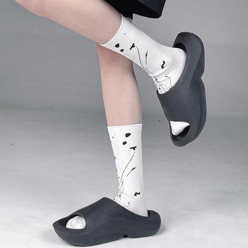 Ink-splashed Mid-calf Socks, Personalized Trendy Socks, Summer Double-needle Cotton Socks for Men and Women, Graffiti Sock Trend
