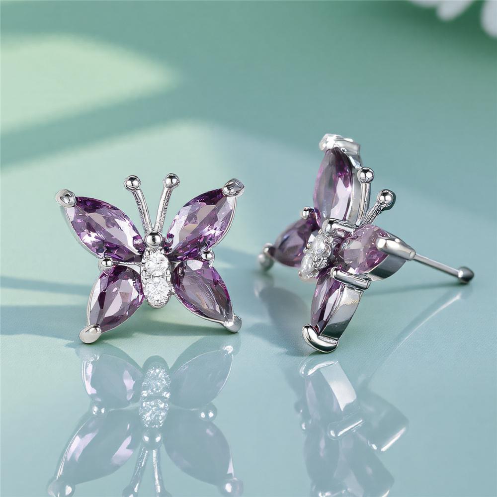 Simple Female Purple Crystal Stone Silver Color Stud Earrings Cute Bridal Butterfly Weddings Jewelry For Women