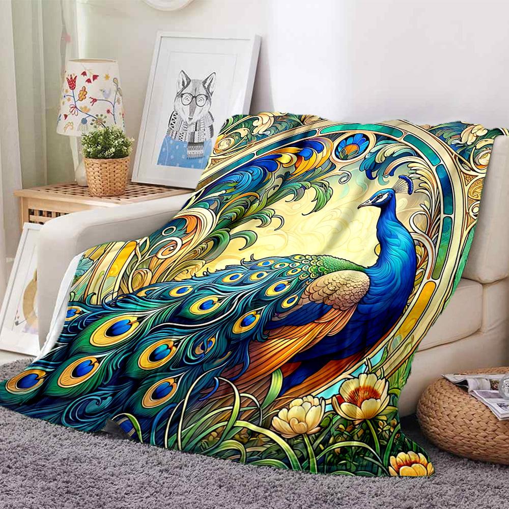 1pc Peacock Garden Lightweight Flannel Blanket, Comfortable and Warm Blanket, for Office and Camping Sofa Bed, Livingroom194