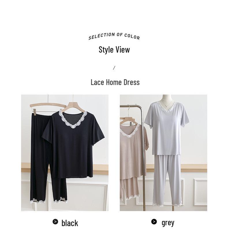 Women's Short-Sleeve Pajama Set with Built-in Bra, Summer Ice Silk Two-Piece, Casual Long Pants, Home Comfort Wear.