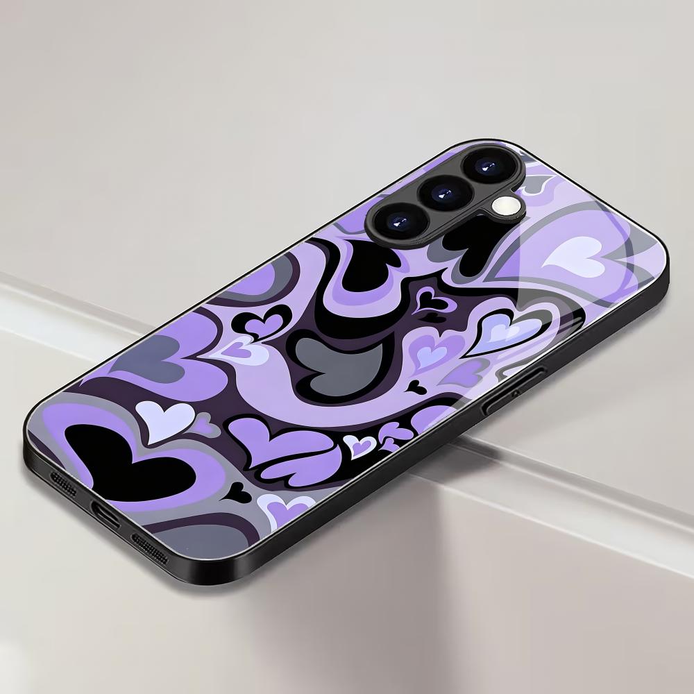 Purple heart-shaped black glass phone case suitable for Samsung Galaxy S26 S25 S24 S23 S22 S20FE/Ultra/Plus anti drop back cover