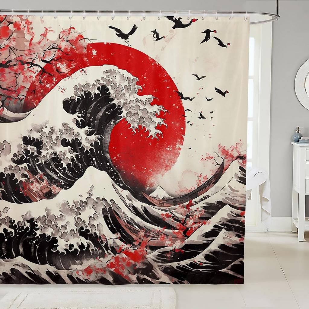 Sakura Tiger Shower Curtain Japanese Ukiyo Watercolor Red Sun Wild Animal Floral Kids Adult Bathroom Decor Hooks