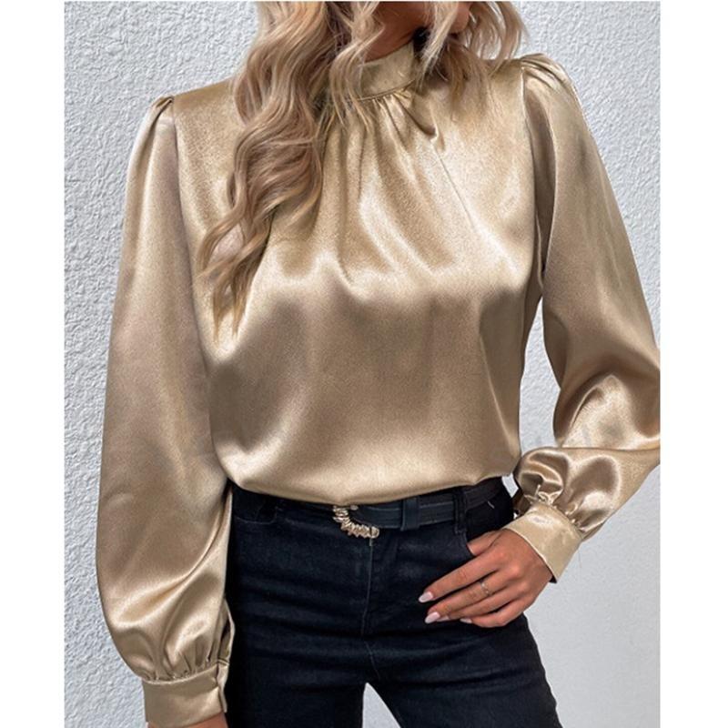 

Модные свободные рубашки с воротником-стойкой и рукавами-фонариками для женщин, элегантные винтажные топы, однотонные повседневные блузки, женская одежда, простая офисная женская рубашка 3441 M шампанского