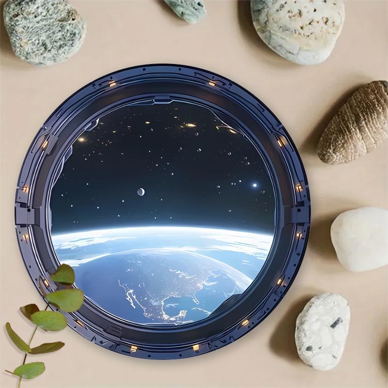 Space Porthole Earth View Round Metal Sign D Flat Printed SciFi Astronaut Window Art Tin Plaque Futuristic Outer Space Home 20x20cm(8x8inch)