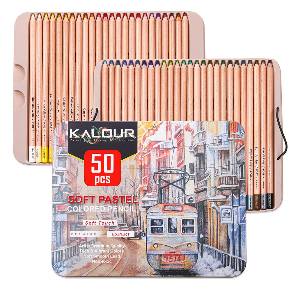 KALOUR 50-Piece Professional Pastel and Charcoal Colored Pencil Set for Hand-Painted Coloring Books