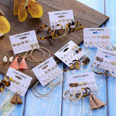Kadın küpe seti püskül reçine küpe kadınlar için Bohemian moda takı geometrik Vintage Hoop küpe