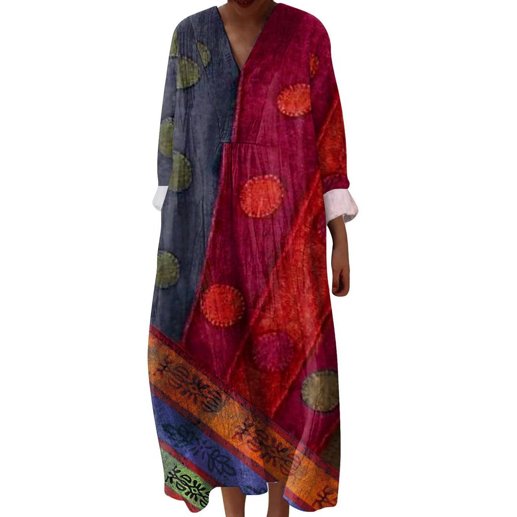 Women's Casual And Fashionable V-Veck Printed Long Sleeved Dress Long Sleeved Dress