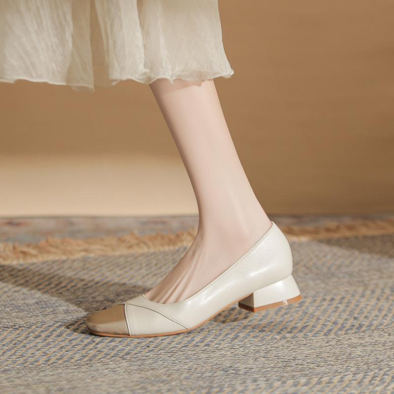 Super soft small man inner height increase 6cm ballet style splicing small square head shallow mouth pedal small thick heel single shoes female summer
