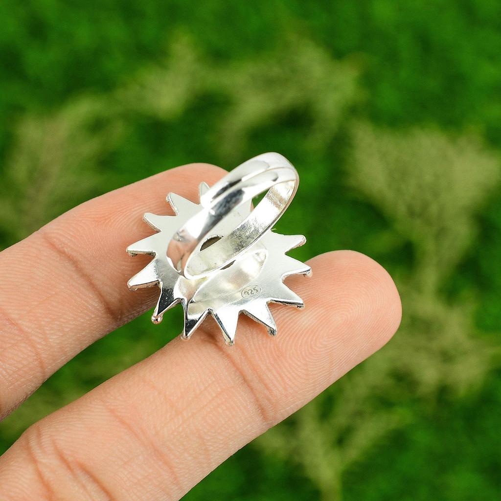 Natural Rainbow Moonstone Gemstone Promise Flower Adjustable Ring 925 Silver