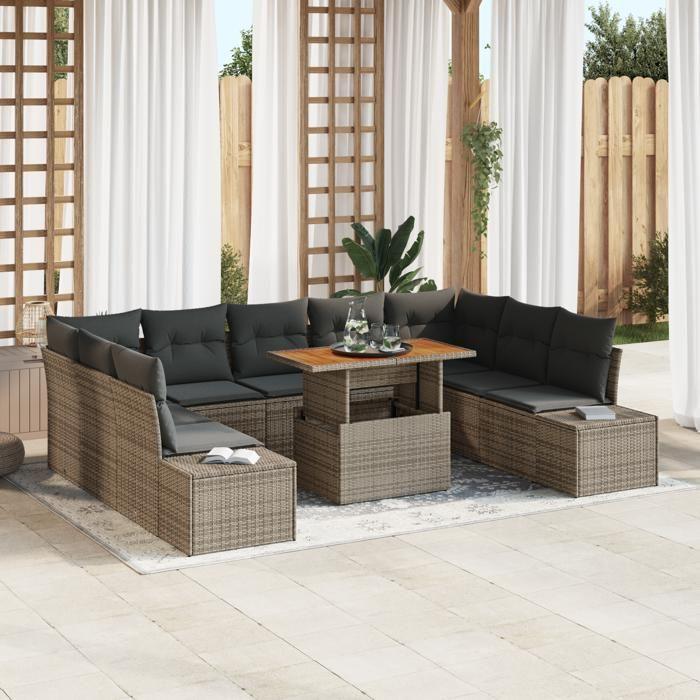 VidaXL Set de salle à manger de jardin de 10 pièces avec coussins en poly rotin gris et acacia 3350006