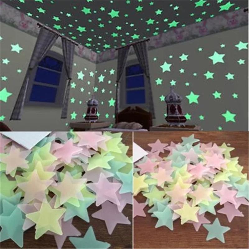 100pcs 3D Stars Glow In Dark Luminous Fluorescent Plastic Wall Sticker Home Decor Decal Wallpaper Decorative Special Festivel